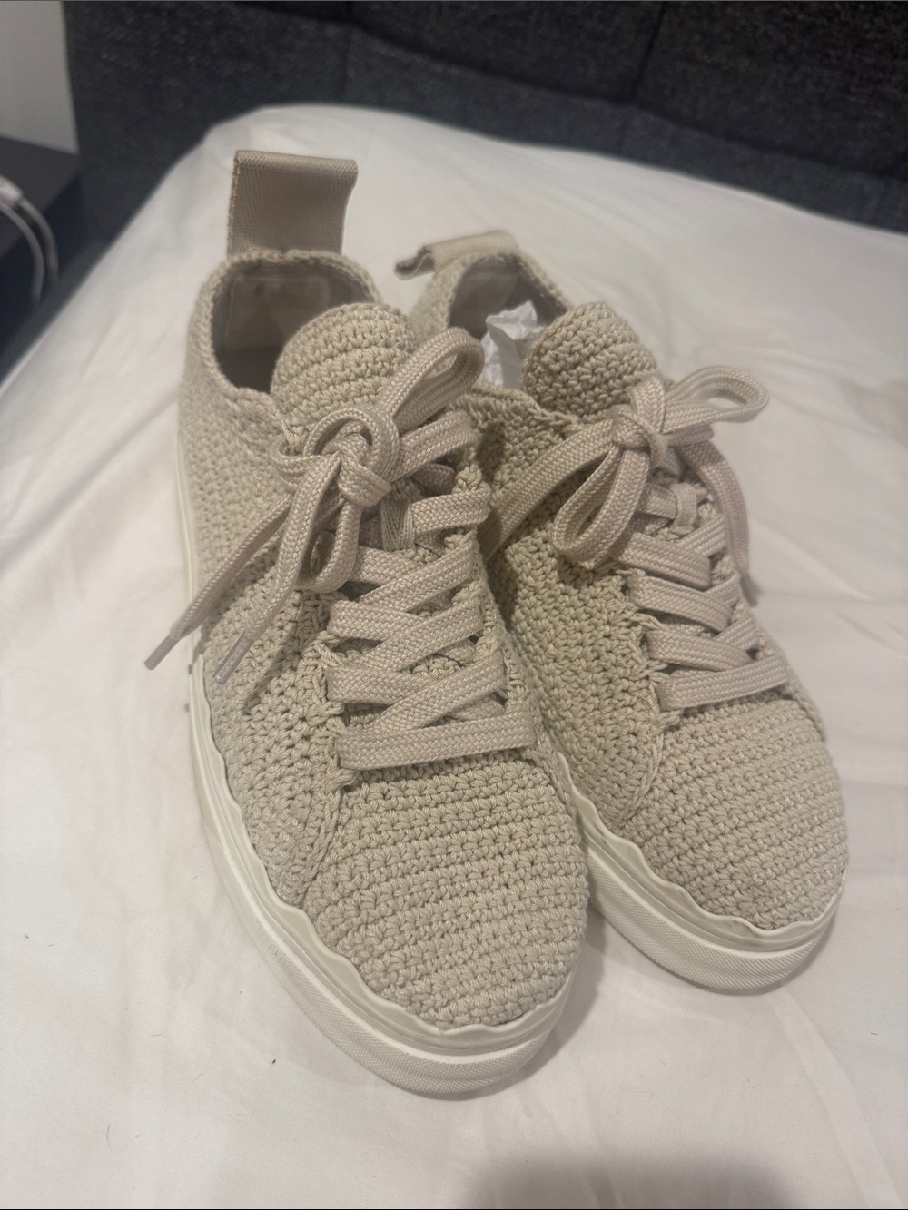 Chloé Beige Knit Slip-On Sneakers crochet